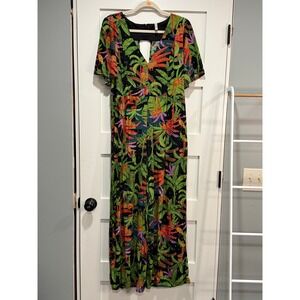 Bluesteel Tropical Jungle Leopard Print Jumpsuit Wide Leg Gold Shimmer L Boho